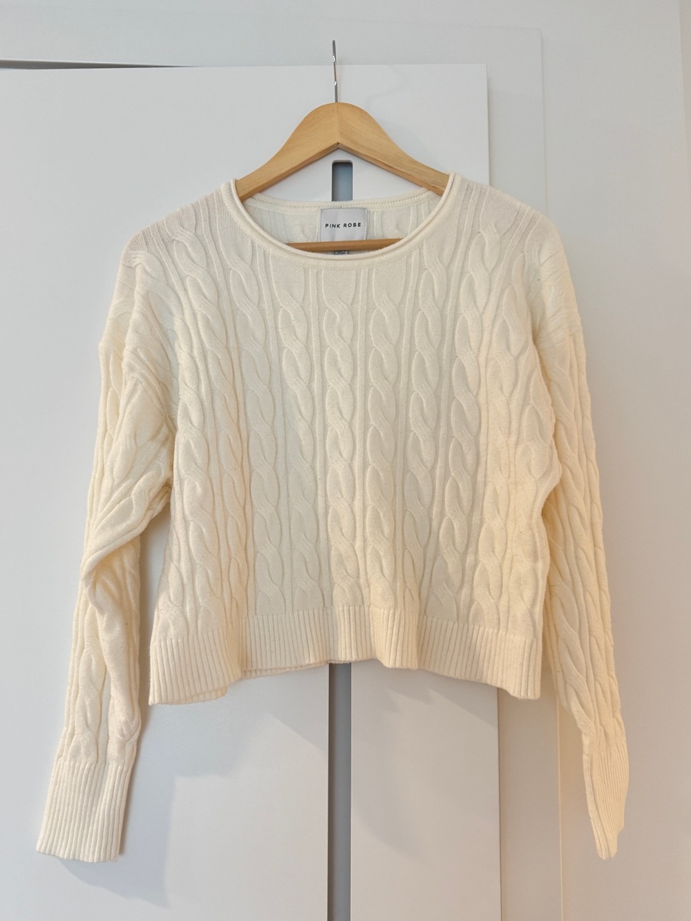 Pink Rose Cream Cable Knit Scoop Crew Sweater